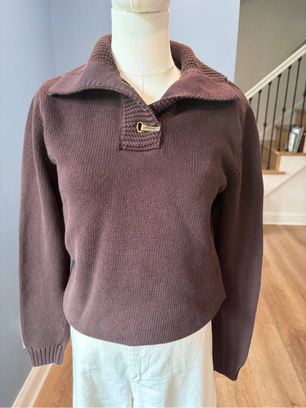 Lauren Ralph Lauren Brown Cotton Knit Toggle Collar Sweater Size Small